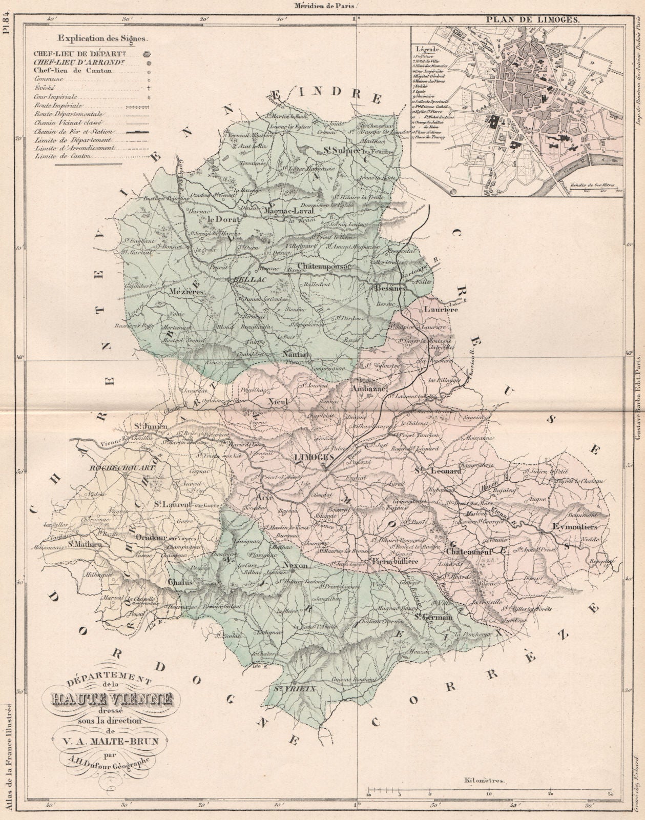 HAUTE-VIENNE. Carte du département. Plan de Limoges. MALTE-BRUN 1852 old map
